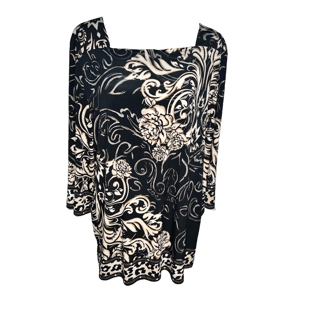 JM Collection XL Ivory Black Gold Metallic Floral Leopard Print Stretch Tunic